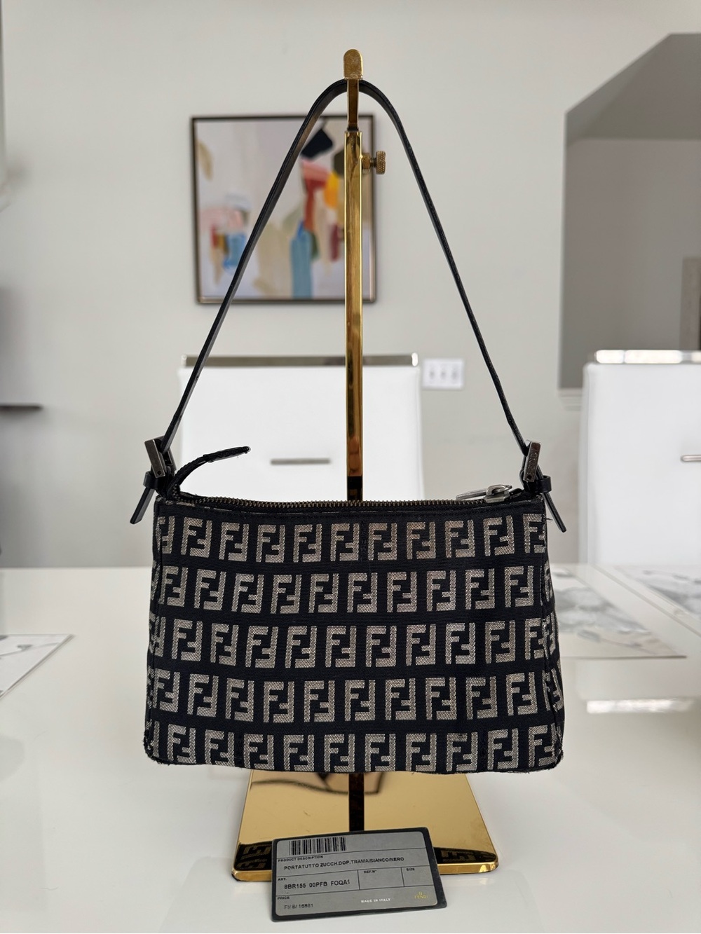 Fendi Black FF Jacquard Shoulder Bag with Leather Strap